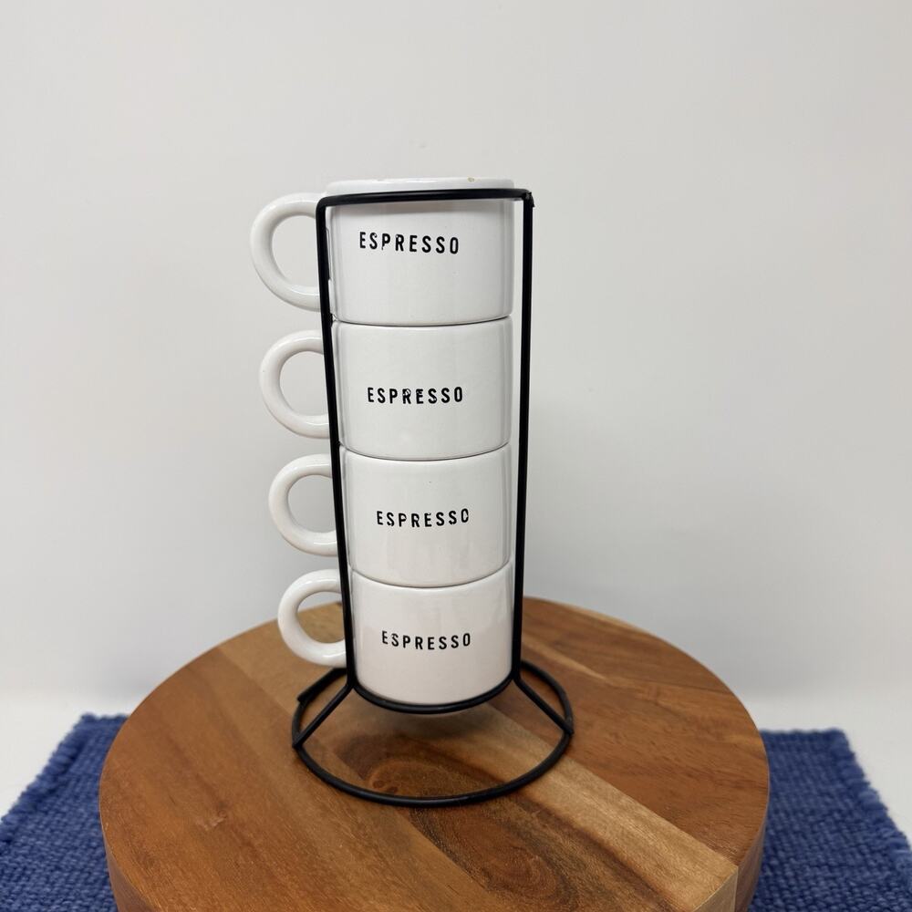 SET Stackable 4 Espresso Coffee Cups & Stand Holder Complete MINI MUG